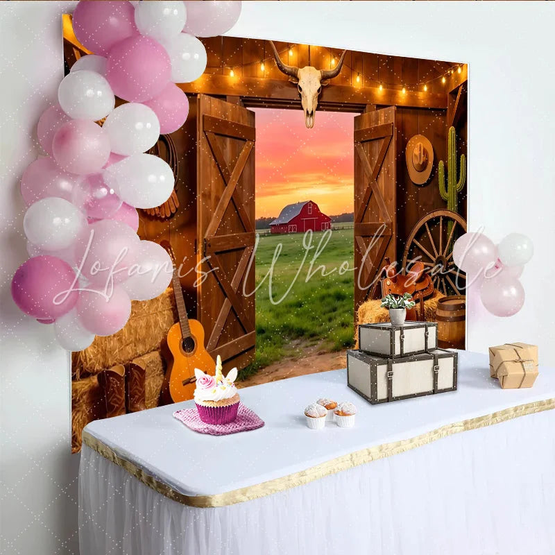 Lofaris Rustic Western Barn Photography Backdrop with Open Doors Sunset Red Barn Field and Cowboy Props Studio Background for Photoshoot