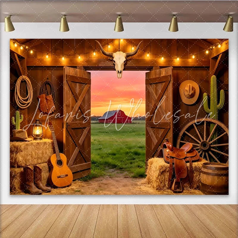 Lofaris Rustic Western Barn Photography Backdrop with Open Doors Sunset Red Barn Field and Cowboy Props Studio Background for Photoshoot