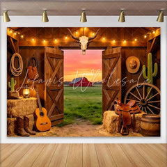 Lofaris Rustic Western Barn Photography Backdrop with Open Doors Sunset Red Barn Field and Cowboy Props Studio Background for Photoshoot