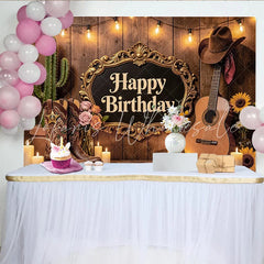 Lofaris Rustic Western Birthday Backdrop with Cowboy Boots Cactus and Guitar Elegant Wooden Wall Photography Background for Party Decor