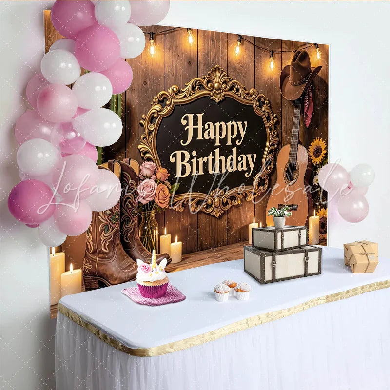Lofaris Rustic Western Birthday Backdrop with Cowboy Boots Cactus and Guitar Elegant Wooden Wall Photography Background for Party Decor