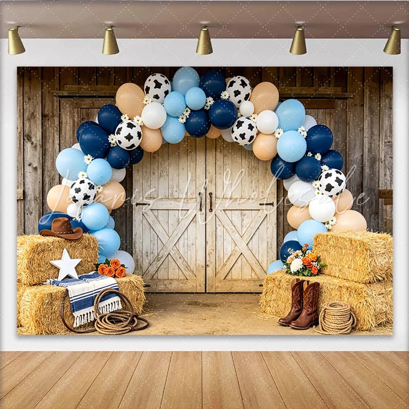 Lofaris Rustic Western Cowboy Birthday Backdrop with Blue Balloons and Cow Print Farm Barn Door Photo Booth Prop
