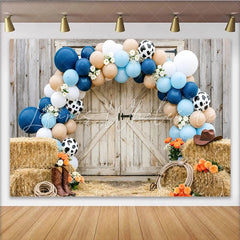 Lofaris Rustic Western Cowboy Birthday Backdrop with Blue Balloons Farm Party Photo Background for Baby Shower or Photoshoot