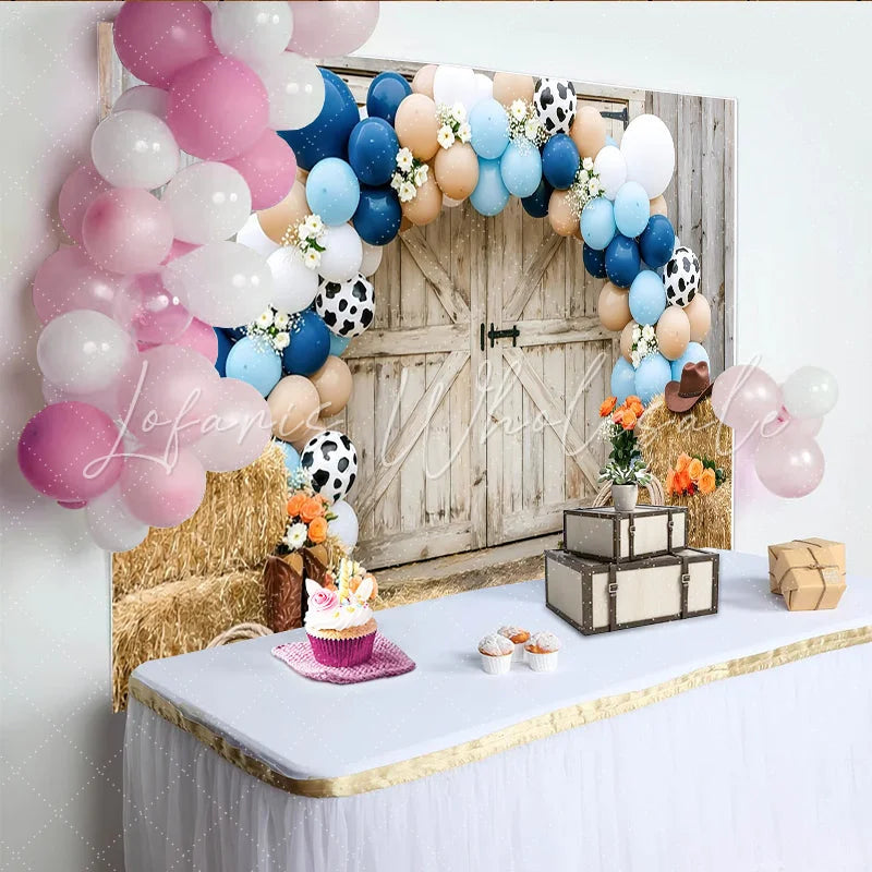 Lofaris Rustic Western Cowboy Birthday Backdrop with Blue Balloons Farm Party Photo Background for Baby Shower or Photoshoot