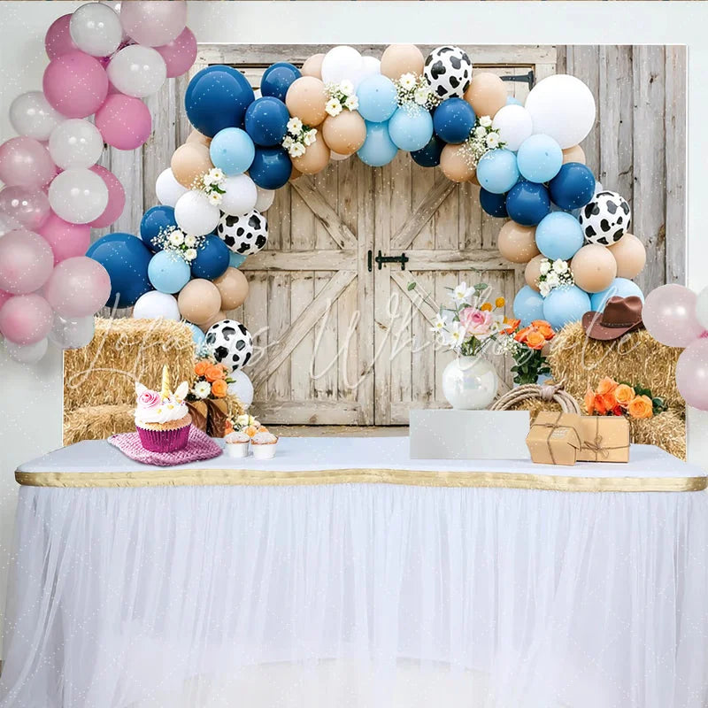 Lofaris Rustic Western Cowboy Birthday Backdrop with Blue Balloons Farm Party Photo Background for Baby Shower or Photoshoot