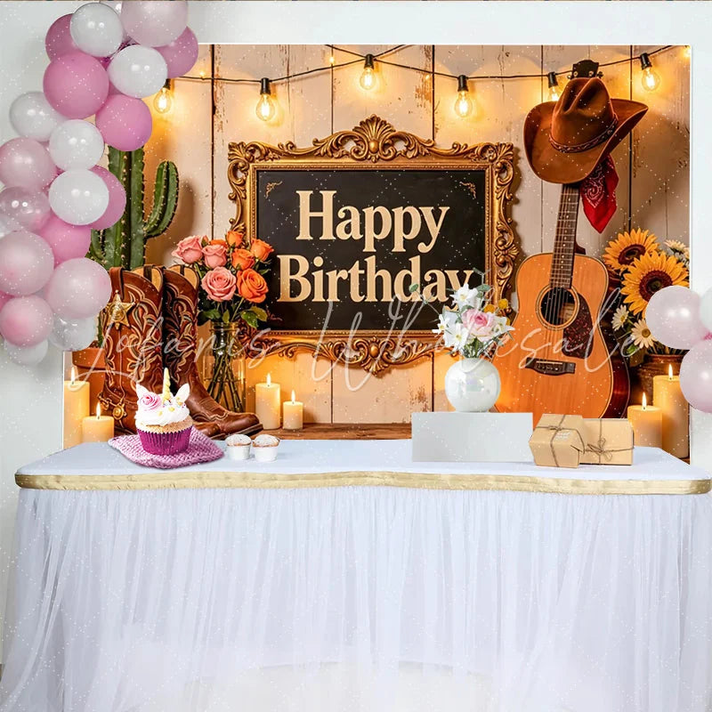 Lofaris Rustic Western Cowboy Birthday Backdrop with Guitar and Boots Cactus String Lights Party Background for Photo Booth
