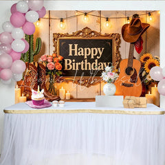 Lofaris Rustic Western Cowboy Birthday Backdrop with Guitar and Boots Cactus String Lights Party Background for Photo Booth