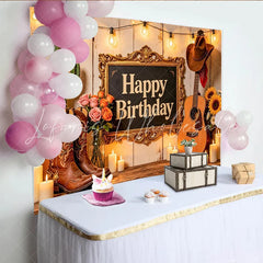 Lofaris Rustic Western Cowboy Birthday Backdrop with Guitar and Boots Cactus String Lights Party Background for Photo Booth