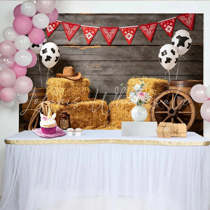 Lofaris Rustic Western Cowboy Birthday Backdrop with Red Bandana Hay Bales and Cow Print Balloons Photo Background for Parties