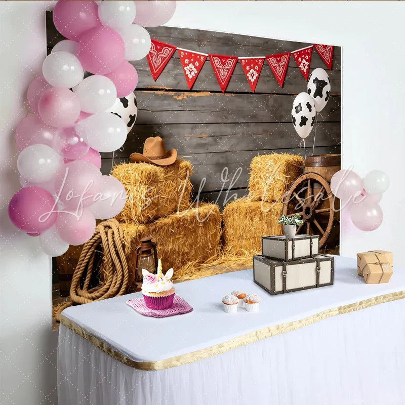 Lofaris Rustic Western Cowboy Birthday Backdrop with Red Bandana Hay Bales and Cow Print Balloons Photo Background for Parties