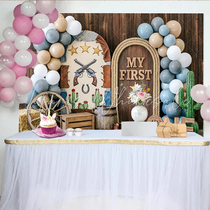 Lofaris Rustic Western First Birthday Backdrop with My First One Sign and Balloons Cowboy Theme Photo Background for Baby Boy Party.