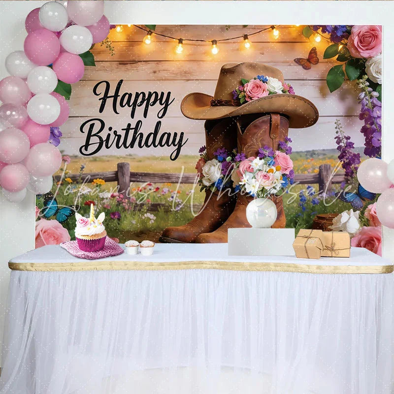 Lofaris Rustic Western Floral Birthday Backdrop with Cowboy Boots and Hat String Lights and Wildflowers Photography Background for Party