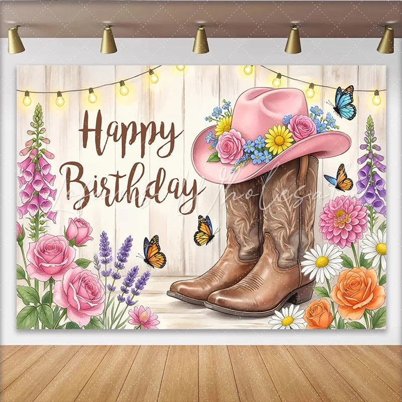 Lofaris Rustic Western Floral Birthday Backdrop with Pink Cowboy Hat and Boots String Lights Photography Background for Party Decor