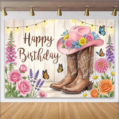 Lofaris Rustic Western Floral Birthday Backdrop with Pink Cowboy Hat and Boots String Lights Photography Background for Party Decor