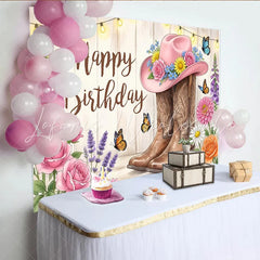Lofaris Rustic Western Floral Birthday Backdrop with Pink Cowboy Hat and Boots String Lights Photography Background for Party Decor