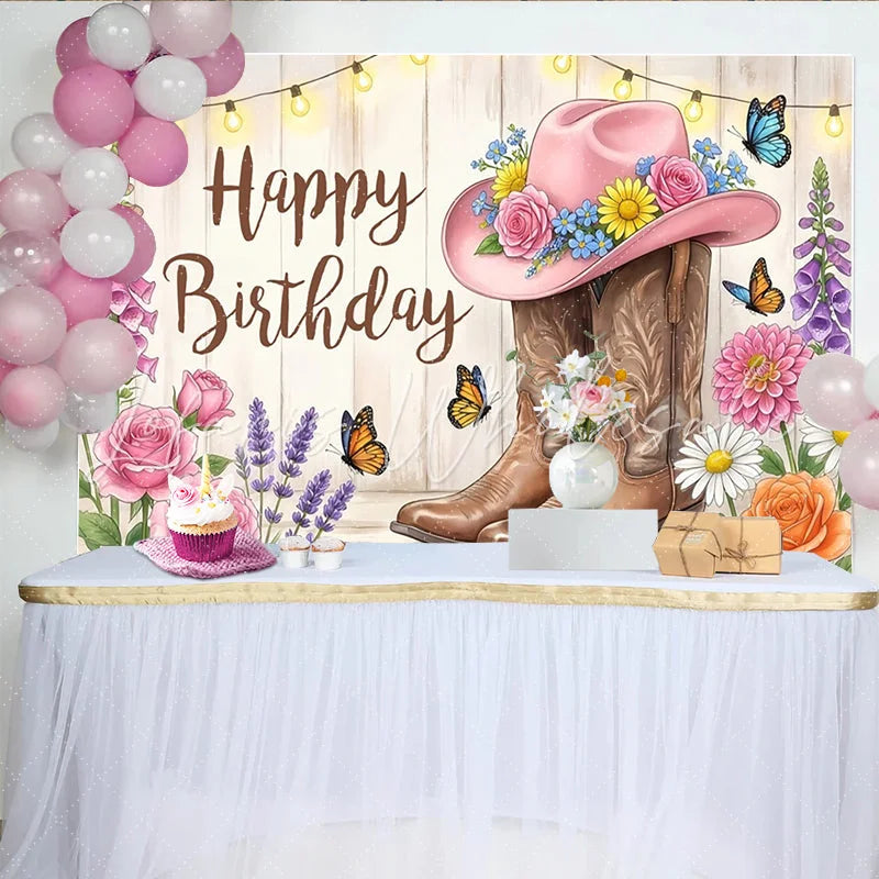 Lofaris Rustic Western Floral Birthday Backdrop with Pink Cowboy Hat and Boots String Lights Photography Background for Party Decor