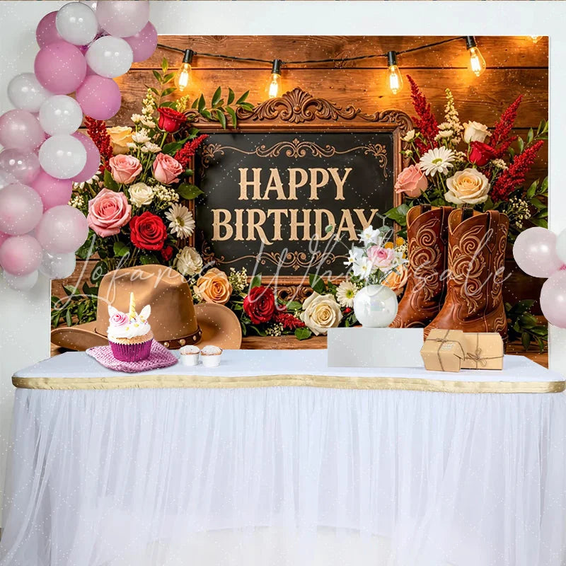 Lofaris Rustic Western Floral Happy Birthday Backdrop with Cowboy Hat and Boots Wooden Background for Party Decoration