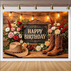Lofaris Rustic Western Floral Happy Birthday Backdrop with Cowboy Hat and Boots Wooden Background for Party Decoration