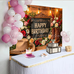 Lofaris Rustic Western Floral Happy Birthday Backdrop with Cowboy Hat and Boots Wooden Background for Party Decoration