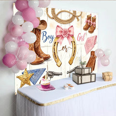 Lofaris Rustic Western Gender Reveal Baby Shower Backdrop with Cowboy Boots Chic Horseshoe Design Photo Background for Party Decor