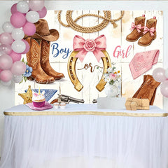 Lofaris Rustic Western Gender Reveal Baby Shower Backdrop with Cowboy Boots Chic Horseshoe Design Photo Background for Party Decor