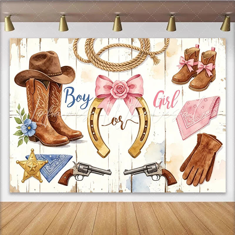 Lofaris Rustic Western Gender Reveal Baby Shower Backdrop with Cowboy Boots Chic Horseshoe Design Photo Background for Party Decor
