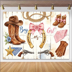Lofaris Rustic Western Gender Reveal Baby Shower Backdrop with Cowboy Boots Chic Horseshoe Design Photo Background for Party Decor