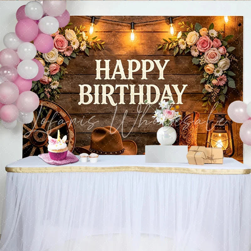 Lofaris Rustic Western Happy Birthday Backdrop with Cowboy Boots and Hat Floral Wood String Lights Background for Party