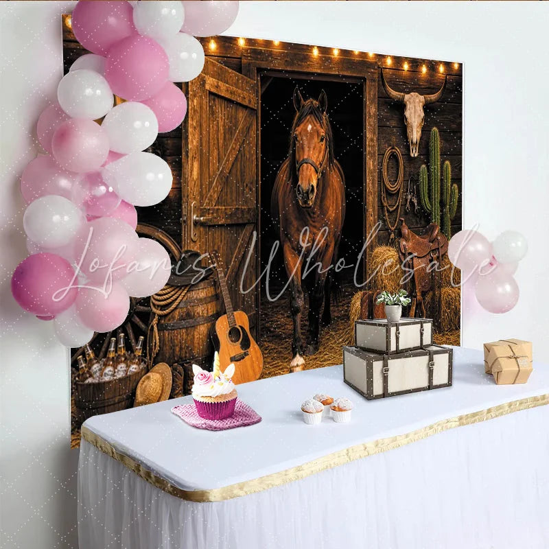 Lofaris Rustic Western Horse Photography Backdrop with Barn Door and String Lights Cowboy Ranch Studio Background for Portrait Photoshoot