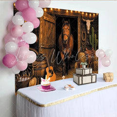 Lofaris Rustic Western Horse Photography Backdrop with Barn Door and String Lights Cowboy Ranch Studio Background for Portrait Photoshoot