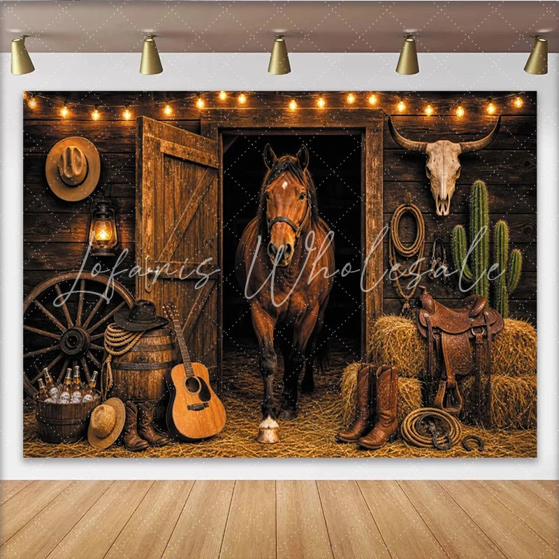 Lofaris Rustic Western Horse Photography Backdrop with Barn Door and String Lights Cowboy Ranch Studio Background for Portrait Photoshoot