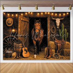 Lofaris Rustic Western Horse Photography Backdrop with Barn Door and String Lights Cowboy Ranch Studio Background for Portrait Photoshoot