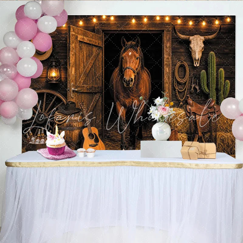 Lofaris Rustic Western Horse Photography Backdrop with Barn Door and String Lights Cowboy Ranch Studio Background for Portrait Photoshoot