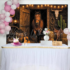 Lofaris Rustic Western Horse Photography Backdrop with Barn Door and String Lights Cowboy Ranch Studio Background for Portrait Photoshoot