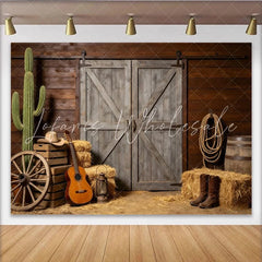 Lofaris Rustic Western Photography Backdrop with Barn Door and Cactus Farmhouse Wood Wall Background for Cowboy Themed Photoshoot