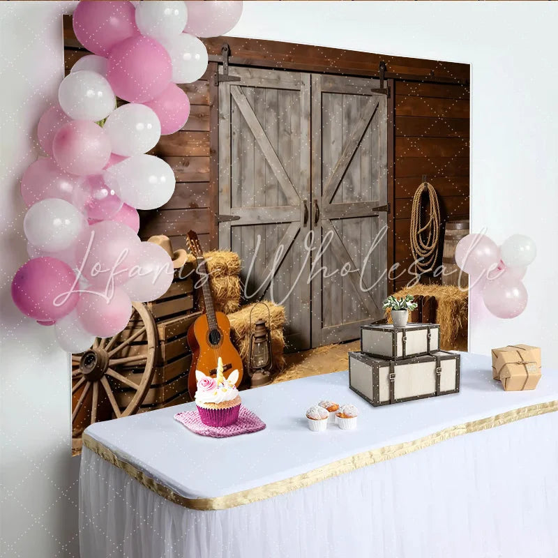 Lofaris Rustic Western Photography Backdrop with Barn Door and Cactus Farmhouse Wood Wall Background for Cowboy Themed Photoshoot