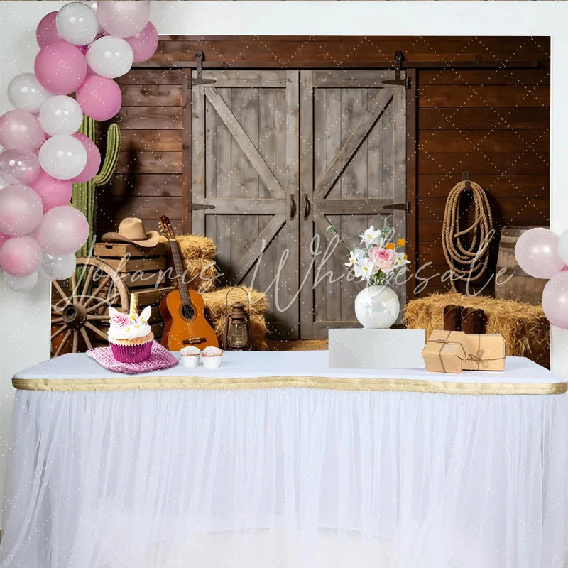 Lofaris Rustic Western Photography Backdrop with Barn Door and Cactus Farmhouse Wood Wall Background for Cowboy Themed Photoshoot