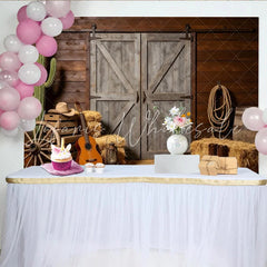 Lofaris Rustic Western Photography Backdrop with Barn Door and Cactus Farmhouse Wood Wall Background for Cowboy Themed Photoshoot