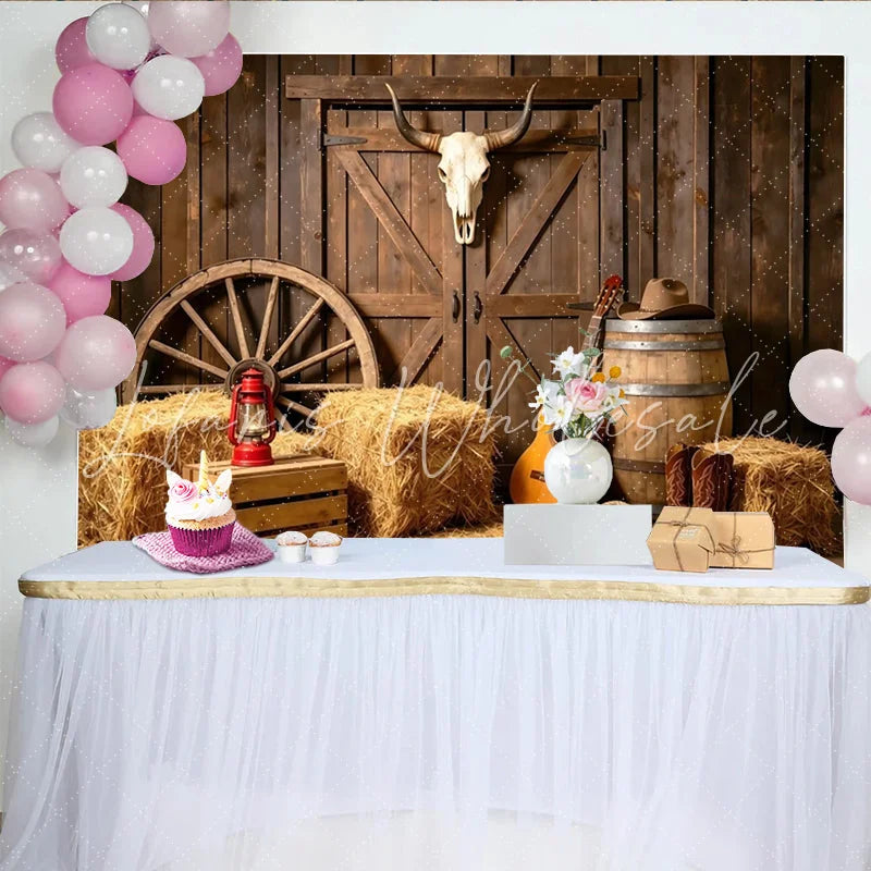 Lofaris Rustic Western Photography Backdrop with Barn Door and Skull Hay Bales Guitar and Cowboy Boots Studio Background