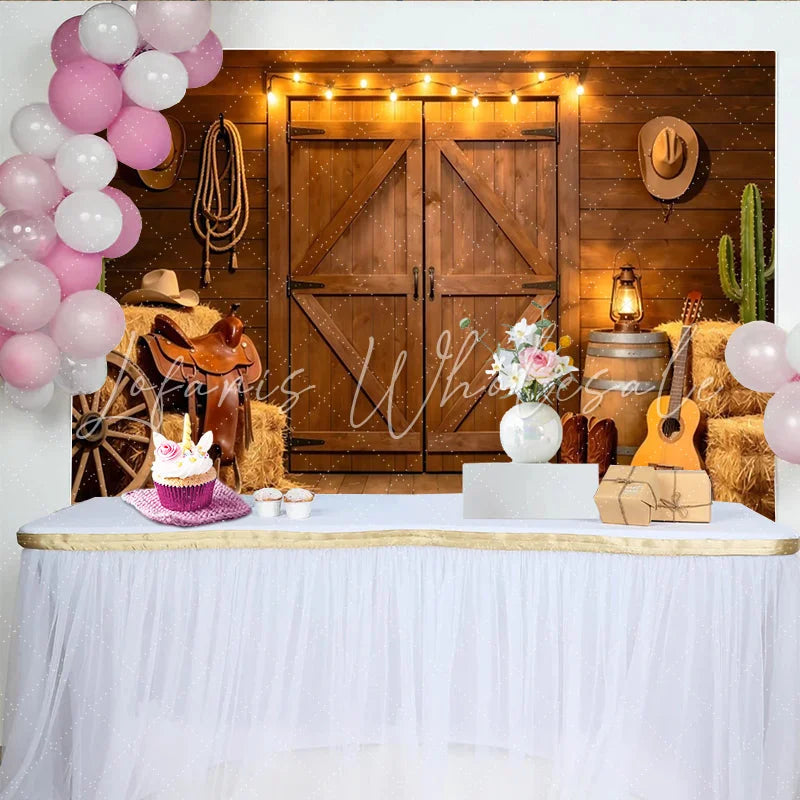 Lofaris Rustic Western Photography Backdrop with Barn Door and String Lights Cowboy Ranch Theme Background for Studio Photoshoot