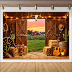 Lofaris Rustic Western Photography Backdrop with Barn Door and Sunset View Cowboy Farm Studio Background for Photoshoot