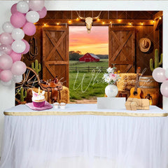 Lofaris Rustic Western Photography Backdrop with Barn Door and Sunset View Cowboy Farm Studio Background for Photoshoot