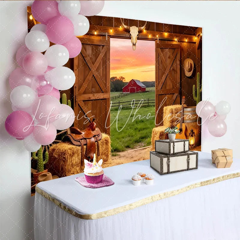 Lofaris Rustic Western Photography Backdrop with Barn Door and Sunset View Cowboy Farm Studio Background for Photoshoot