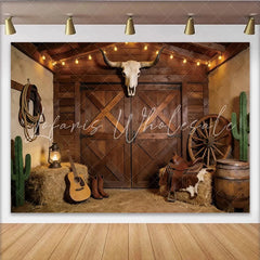 Lofaris Rustic Western Photography Backdrop with Barn Doors and Bull Skull Cowboy Theme Studio Background for Photoshoot