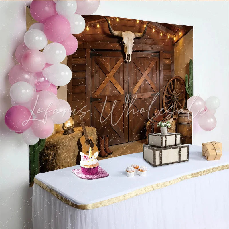 Lofaris Rustic Western Photography Backdrop with Barn Doors and Bull Skull Cowboy Theme Studio Background for Photoshoot