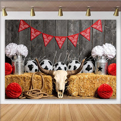 Lofaris Rustic Western Photography Backdrop with Bull Skull and Hay Bales Farmhouse Photo Background for Cowboy Party Decor