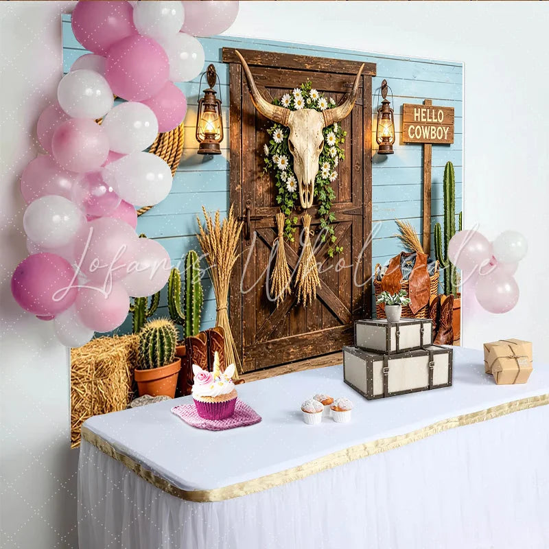 Lofaris Rustic Western Photography Backdrop with Bull Skull Blue Wood Wall and Lanterns Studio Background for Photoshoot