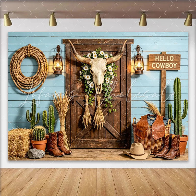 Lofaris Rustic Western Photography Backdrop with Bull Skull Blue Wood Wall and Lanterns Studio Background for Photoshoot