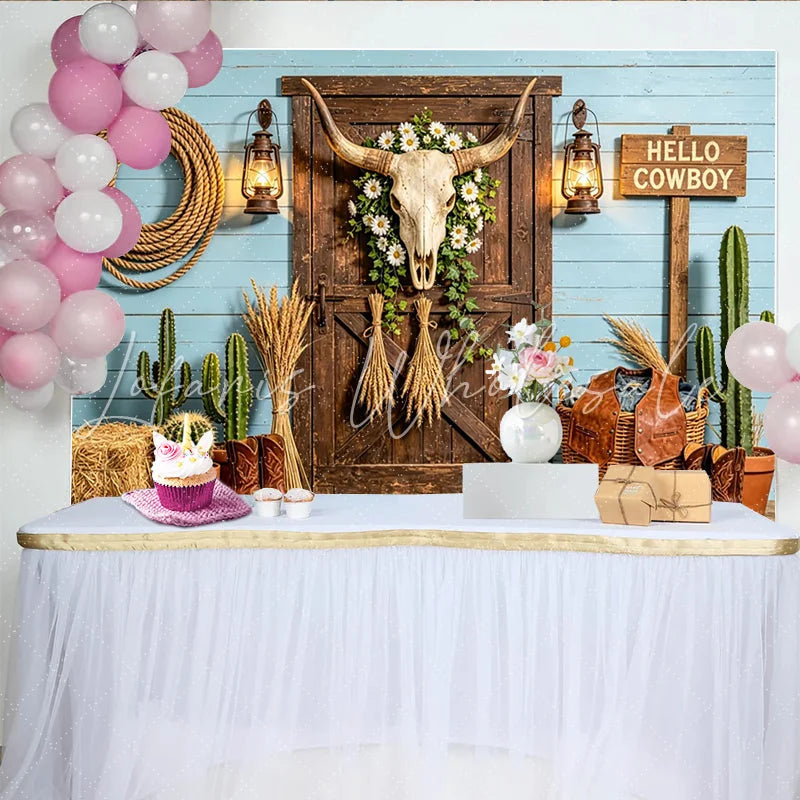 Lofaris Rustic Western Photography Backdrop with Bull Skull Blue Wood Wall and Lanterns Studio Background for Photoshoot