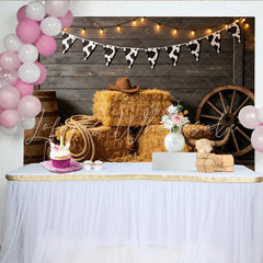 Lofaris Rustic Western Photography Backdrop with Cow Print Bunting and Hay Bales Dark Wood Wall Background for Cowboy Party Photoshoot